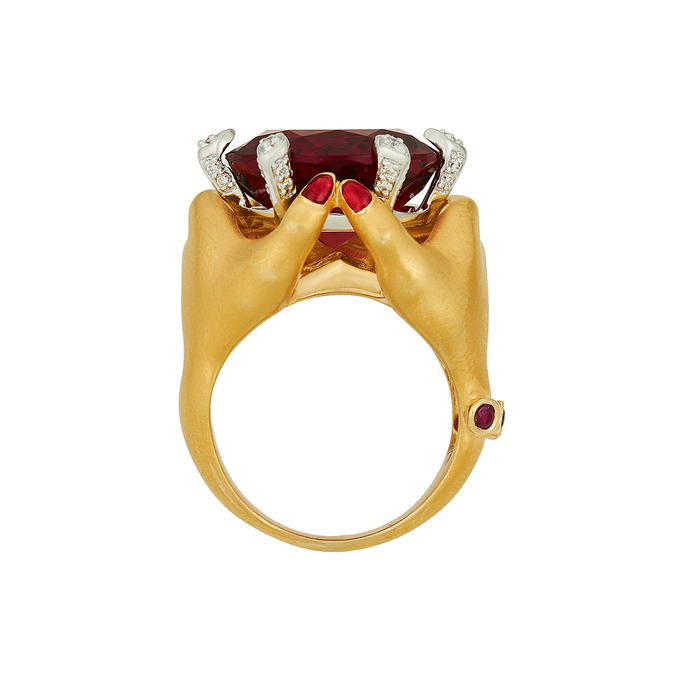 Кольцо из золота 750 пробы c бриллиантами, рубинами, синтетическим камнем и эмалью, Л 0808 8033 за 250000