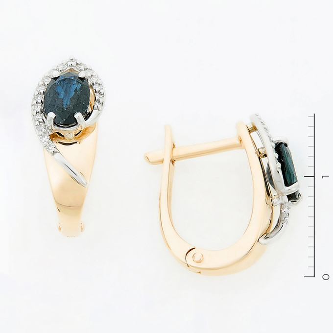 Серьги золото, 585, 3 к.,3,53 гр. (чистый вес 3,31 гр.) со следами износа; 2 Сапфир ОВ вес 1,14 ct, 34 Бриллиант Кр17 вес 0,102 ct