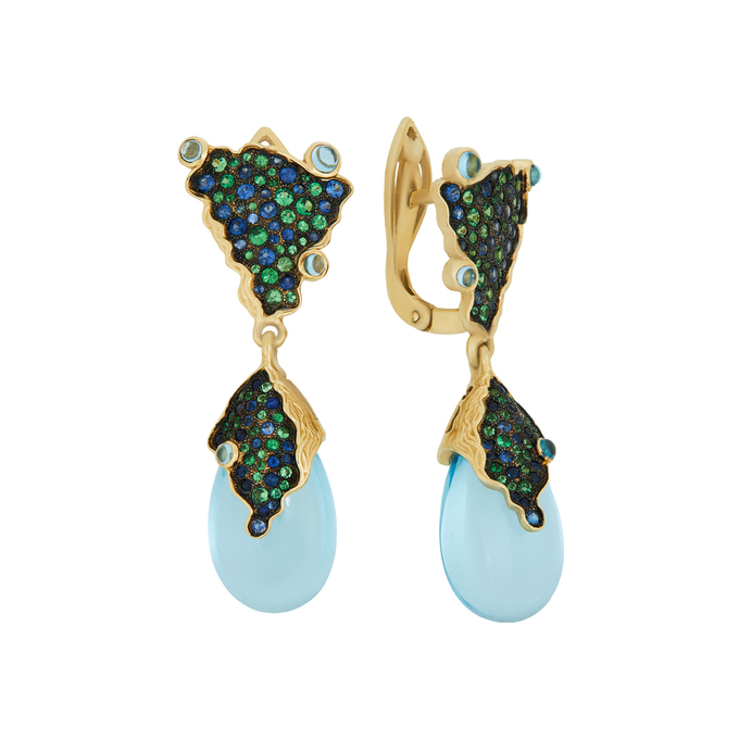 Серьги из золота 585 пробы c топазами, сапфирами и тсаворитами