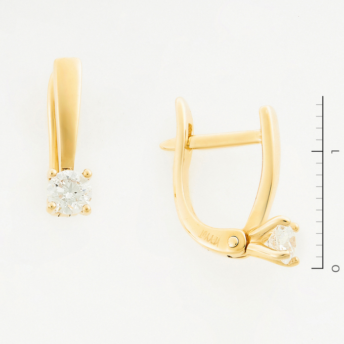 Серьги золото, 585, 3 к.,2,25 гр. (чистый вес 2,25 гр.) со следами износа; 2 Бриллиант Кр57 4/6 вес 0,34 ct