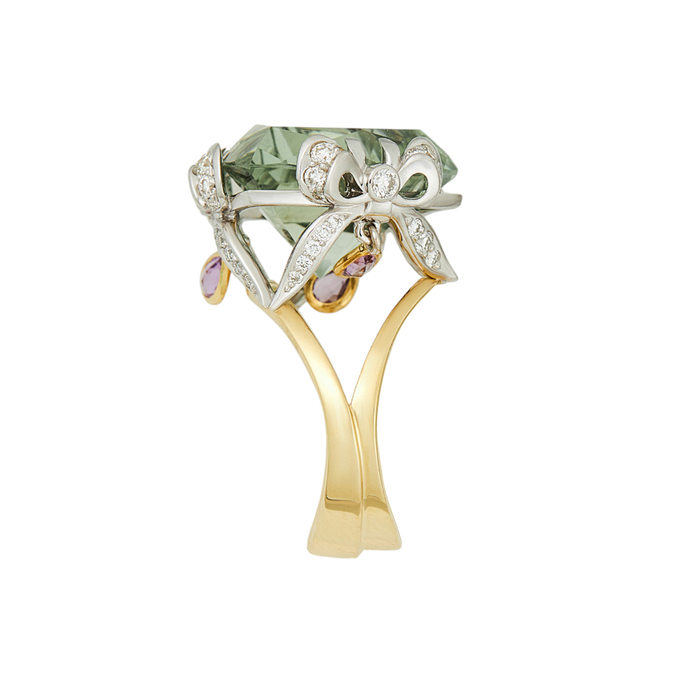 Кольцо из золота 750 пробы c празиолитом, аметистами и бриллиантами, Л 2811 7098 за 195000