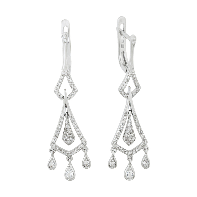 Серьги из золота 585 пробы c 1 фианитом, 118 бриллиантами и 5 топазами