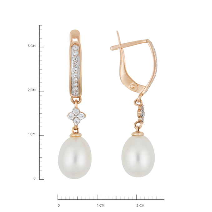 Серьги из золота 585 пробы c культ. жемчугом и фианитами, Л 0808 2364 за 34480