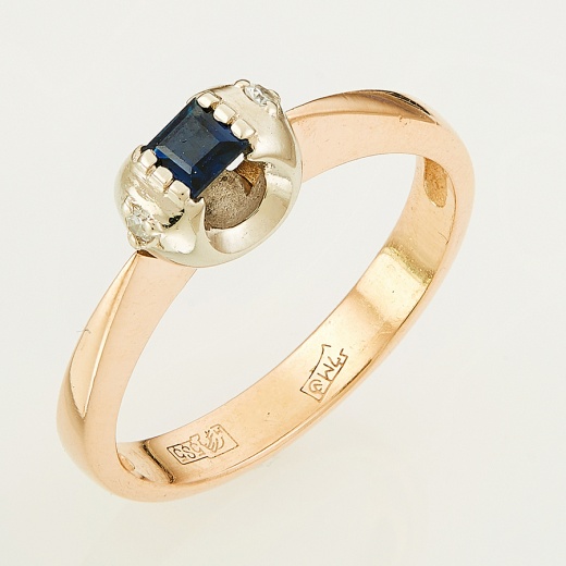 Кольцо из комбинированного золота 585 пробы c 2 бриллиантами и 1 сапфиром Л33074196 фото 1