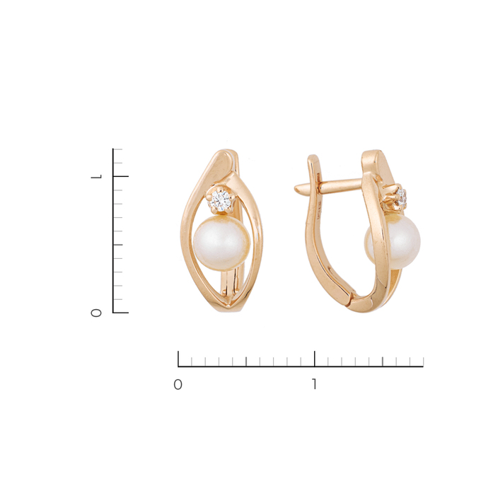 Серьги из красного золота 585 пробы c 2 бриллиантами и 2 культ. жемчугами, Л 0808 3862 за 29940