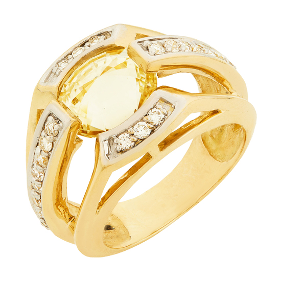Кольцо из комбинированного золота 750 пробы c 22 бриллиантами и 1 празиолитом, Л43057139 за 97000