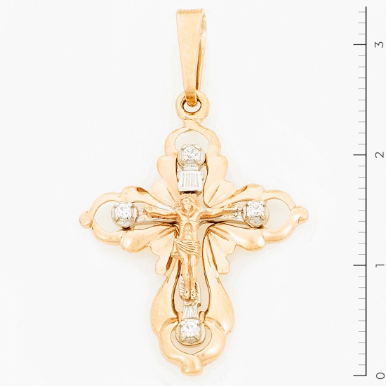 Крестик из комбинированного золота 585 пробы c фианитами