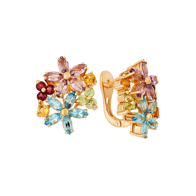 Серьги из золота 585 пробы c топазами, аметистами, цитринами, родолитами и хризолитами, Ц О007 1977 за 83650