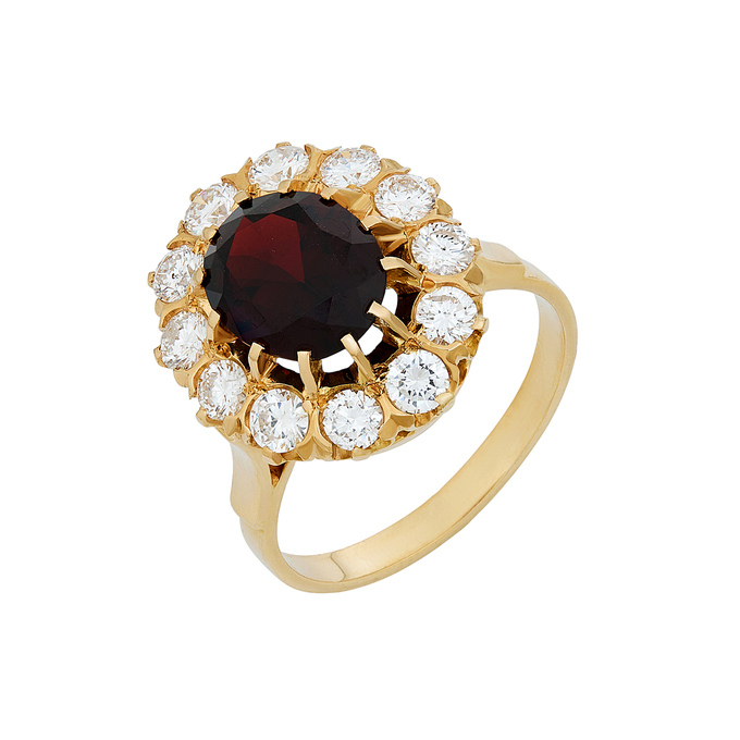 Кольцо из золота 750 пробы c гранатом и бриллиантами