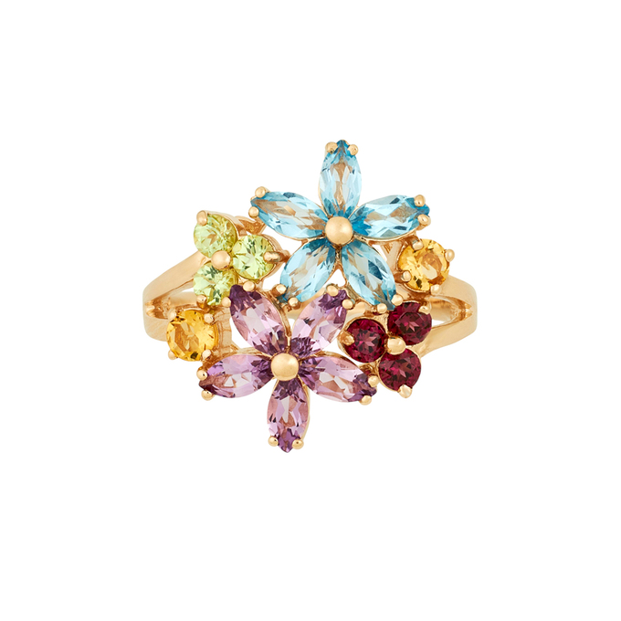 Кольцо из золота 585 пробы c топазами, аметистами, цитринами, хризолитами и родолитами