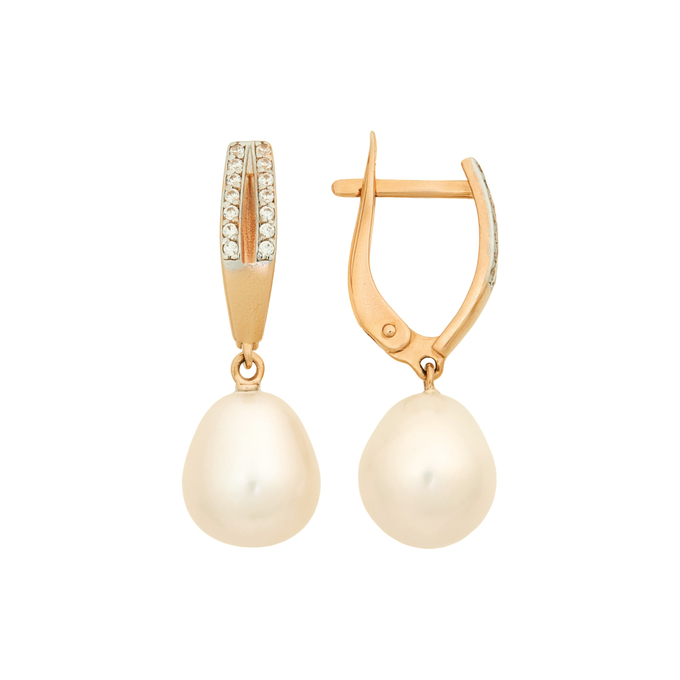 Серьги из золота 585 пробы c культивированным жемчугом и фианитами