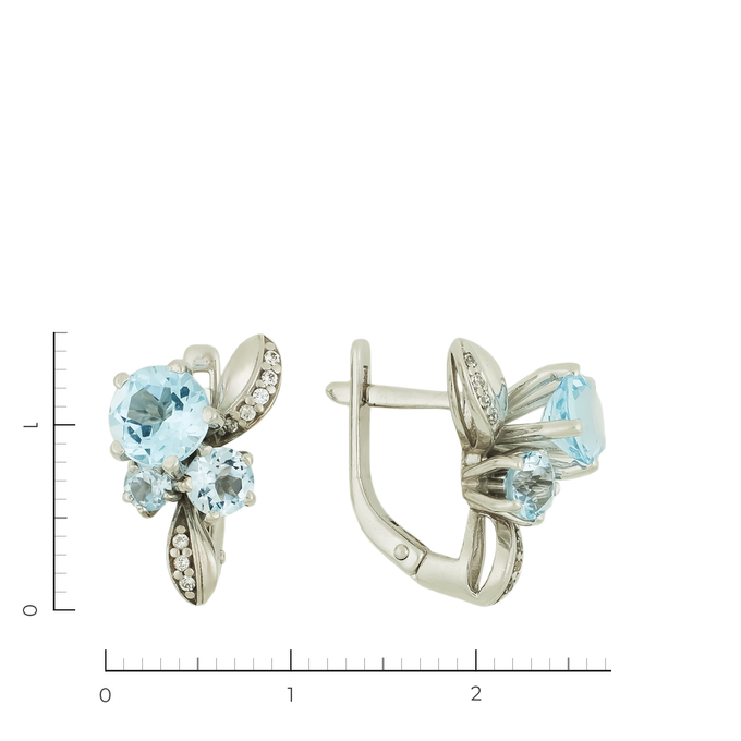 Серьги из белого золота 585 пробы c 16 фианитами и 6 топазами
