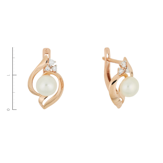 Серьги из красного золота 585 пробы c 2 культ. жемчугами и 6 фианитами