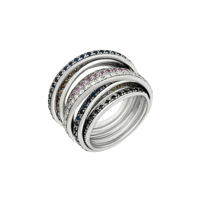 Кольцо из золота 750 пробы c бриллиантами, сапфирами, рубинами и цветными сапфирами