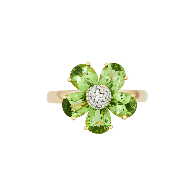 Кольцо из золота 585 пробы c хризолитами и бриллиантами, Л 2811 5420 за 57200