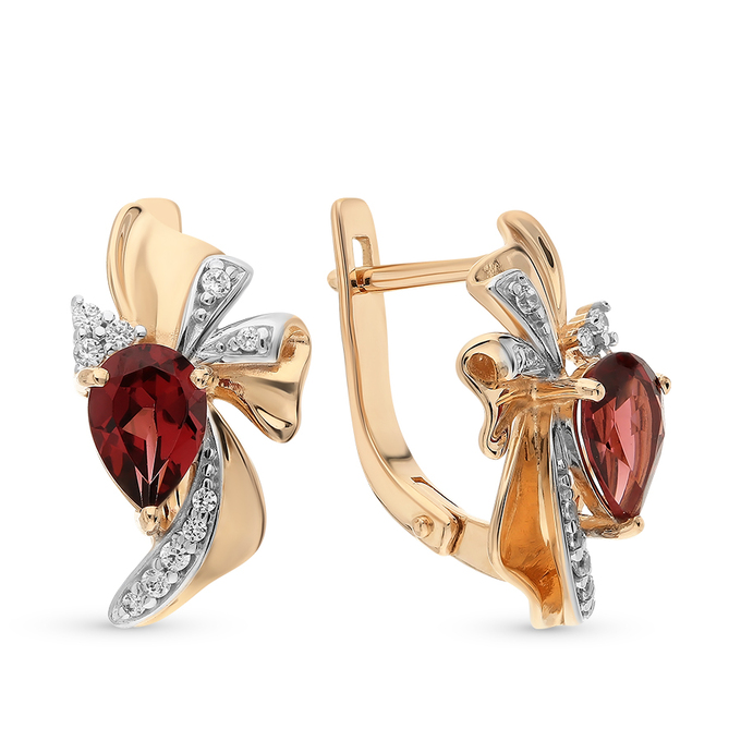 Серьги золото, 585, 2 к.,4,15 гр. (чистый вес 3,75 гр.) следы износа (ЗУ); Фианит, 2 Гранат