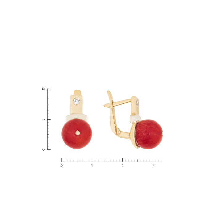 Серьга из золота 750 пробы c 1 бриллиантом и 1 кораллом