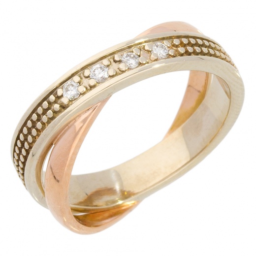 Кольцо обручальное из комбинированного золота 585 пробы c 4 бриллиантами 005870 фото 1