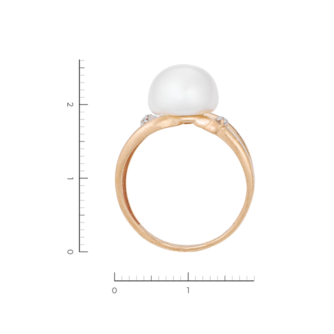Кольцо из красного золота 585 пробы c 1 культ. жемчугом и 6 фианитами
