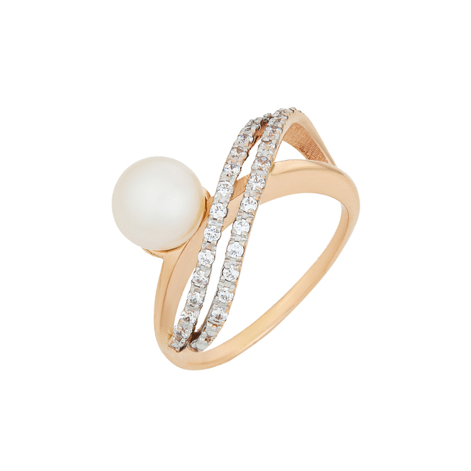 Кольцо из золота 585 пробы c культивированным жемчугом и фианитами