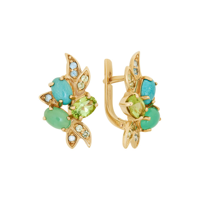 Серьги из золота 585 пробы c хризолитами, хризопразами, амазонитами и топазами