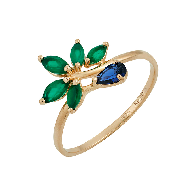 Кольцо из золота 585 пробы c хризопразами и синтетическим сапфиром