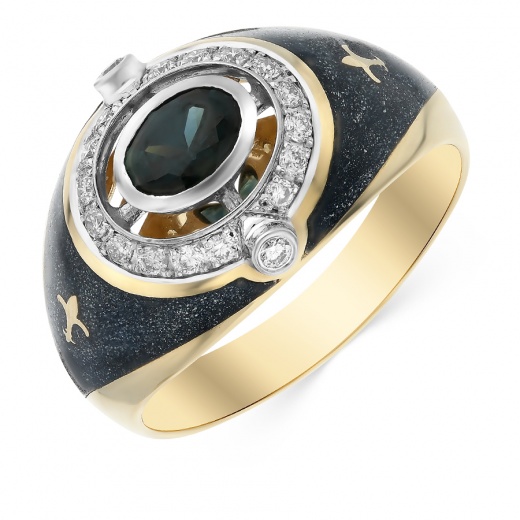 Кольцо из комбинированного золота 585 пробы c 18 бриллиантами и 1 сапфиром и эмалями 065727 фото 1