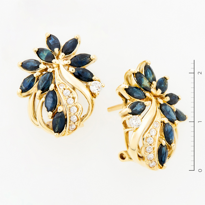 Серьги золото, 585, 2 к.,8,68 гр. (чистый вес 8,306 гр.); 20 Сапфир М 5/5 вес 2 ct, 14 Фианит