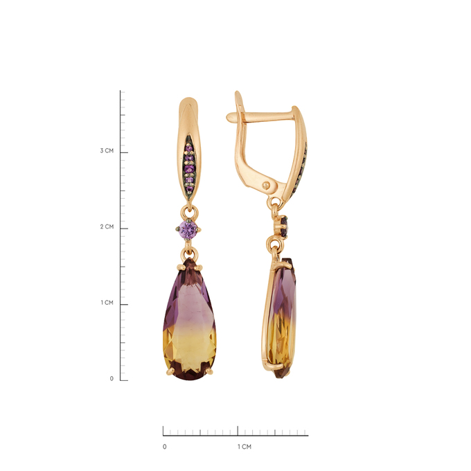 Серьги из золота 585 пробы c аметринами и синтетическими камнями