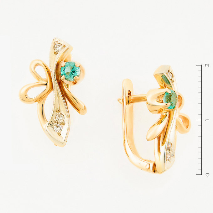 Серьги золото, 585, 3 к.,5,34 гр. (чистый вес 5,287 гр.); 6 Бриллиант Кр57 6/6 вес 0,072 ct, 2 Изумруд КР 4/3 вес 0,18 ct