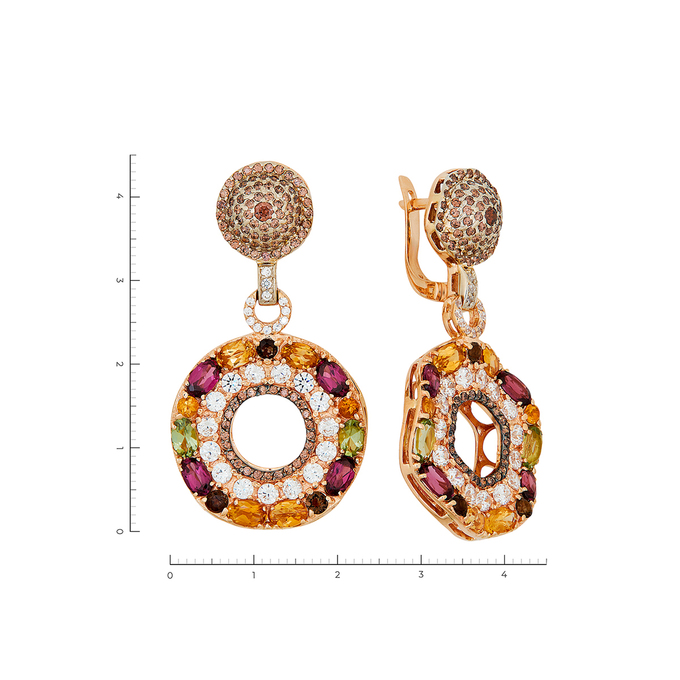 Серьги из золота 585 пробы c 54 фианитами, 190 камнями синтетическими, 8 родолитами, 6 раухтопазами, 4 хризолитами и 12 цитринами