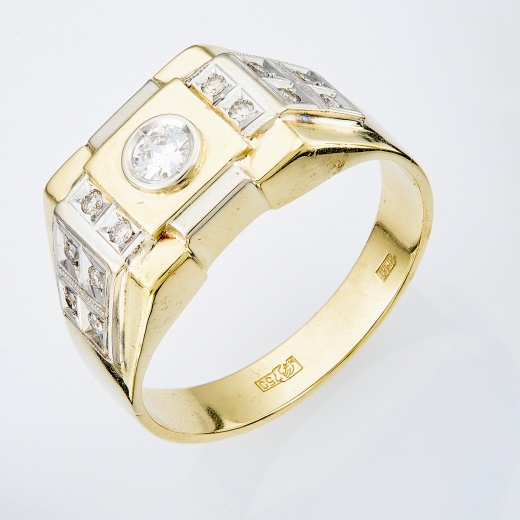Кольцо печатка из комбинированного золота 750 пробы c 13 бриллиантами 131039 фото 1