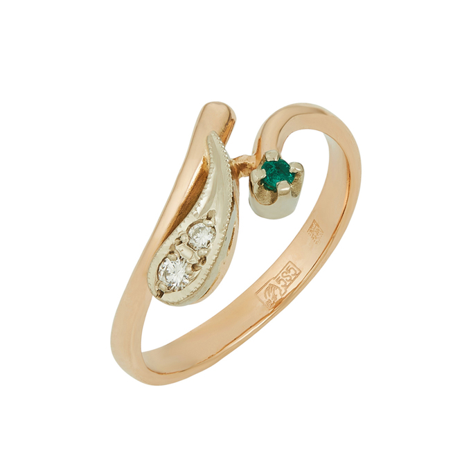 Кольцо из золота 585 пробы c бриллиантами и изумрудом