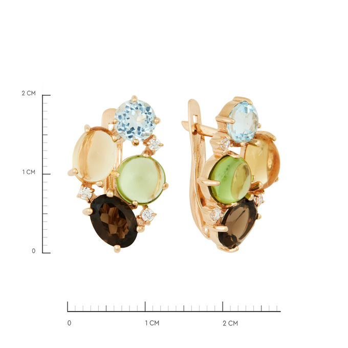 Серьги из золота 585 пробы c цитринами, раухтопазами, топазами, хризолитами и фианитами