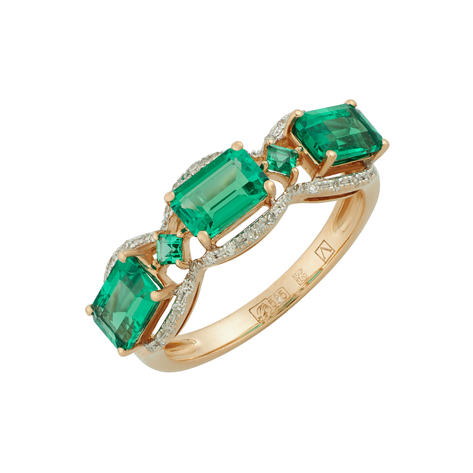 Кольцо из золота 585 пробы c бриллиантами и синтетическими изумрудами