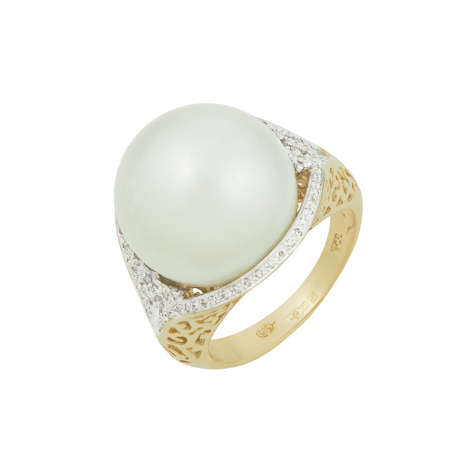 Кольцо из золота 585 пробы c бриллиантами и имитацией жемчуга