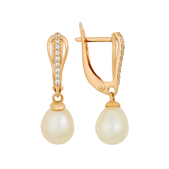 Серьги из золота 585 пробы c фианитами и культивированным жемчугом