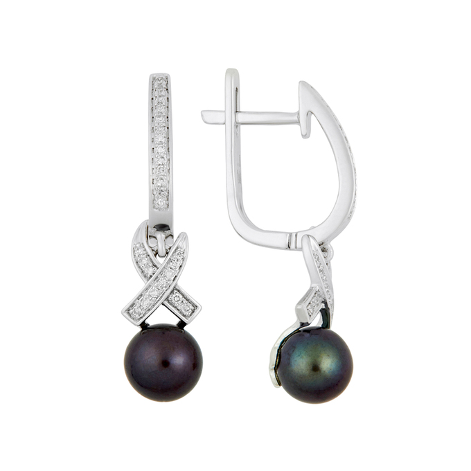 Серьги из золота 585 пробы c бриллиантами и культивированным жемчугом