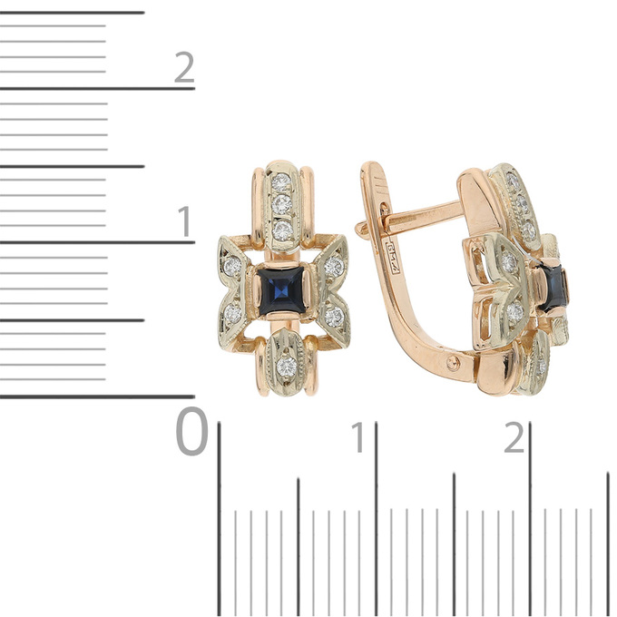 Серьги из красного золота 585 пробы c 16 бриллиантами и 2 сапфирами