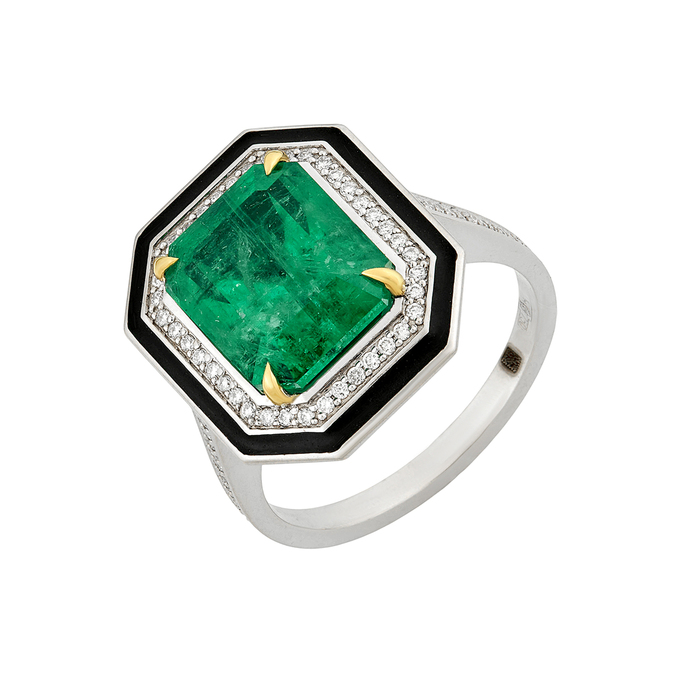 Кольцо из золота 750 пробы c изумрудом, бриллиантами и эмалью