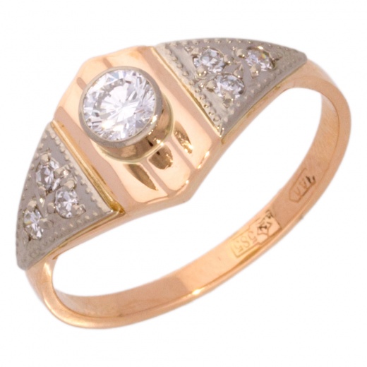 Кольцо из комбинированного золота 585 пробы c 1 бриллиантом и 6 упр. огр. бриллиантами 008410 фото 1