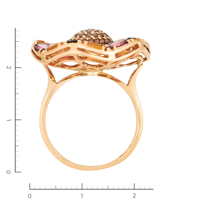 Кольцо из красного золота 585 пробы c 2 хризолитами и 6 цитринами и 4 турмалинами и 3 раухтопазами и 15 фианитами и 70 камнями синтетическими