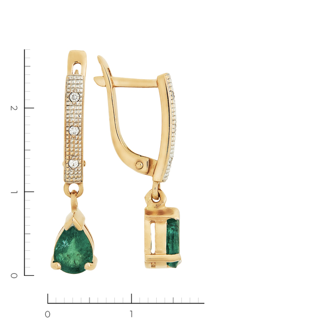 Серьги из золота 585 пробы c 6 бриллиантами и 2 изумрудами