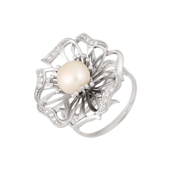 Кольцо из золота 585 пробы c культивированным жемчугом и фианитами, Л 2011 0513 за 67200