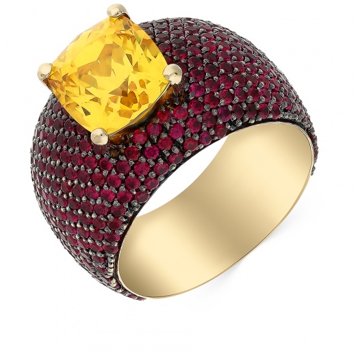 Кольцо из желтого золота 500 пробы c 1 камнем синтетическим и корундами 029049 фото 1