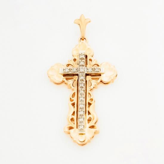 Крестик из комбинированного золота 585 пробы c 15 бриллиантами