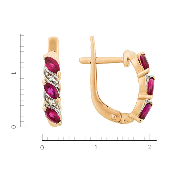 Серьги золото, 585, 2 к.,2,6 гр. (чистый вес 2,5 гр.) со следами износа, куплено в ЗУ; 4 Бриллиант Кр17 3/3 вес 0,016 ct, 6 Рубин