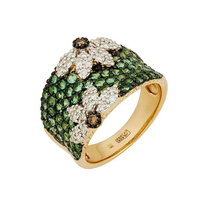 Кольцо из золота 585 пробы c бриллиантами и гранатами