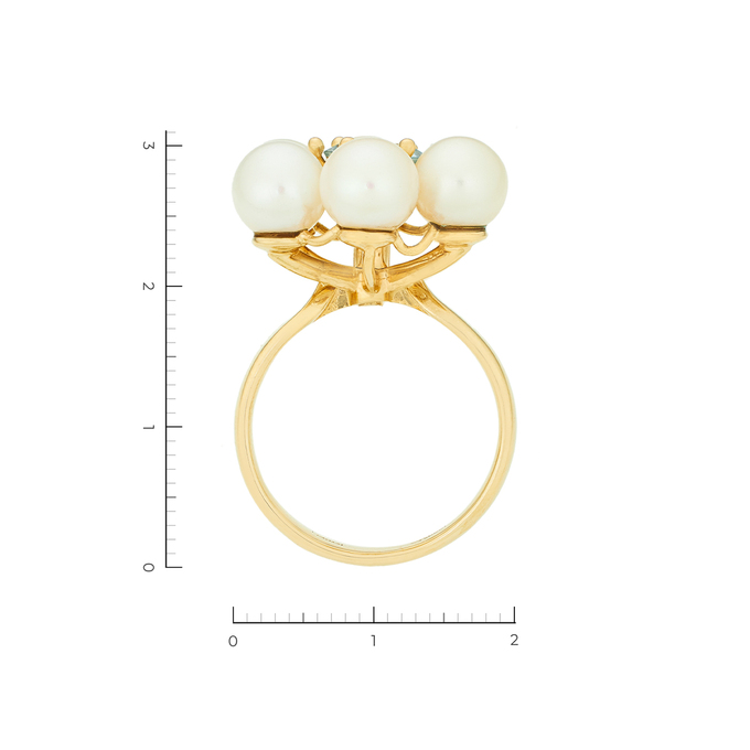 Кольцо из желтого золота 585 пробы c 6 культ. жемчугами и 1 топазом