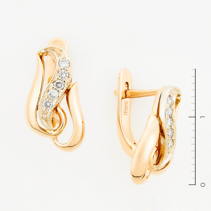 Серьги золото, 585, 2 к.,3,63 гр. (чистый вес 3,48 гр.) со следами износа; 10 Бриллиант Кр57 6/6 вес 0,1 ct